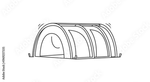 Simple black and white line art illustration of a modern tunnel tent for outdoor adventures and