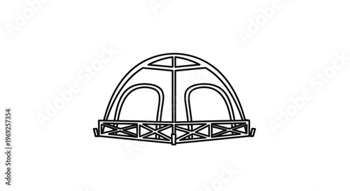 Minimalist outdoor glamping tent icon line art illustration with a structured base design