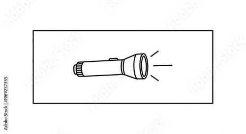Minimalist line art illustration of a portable flashlight emitting bright light in darkness for