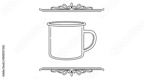 Minimalist Line Art Illustration of a Classic Enamel Mug with Elegant Decorative Borders and