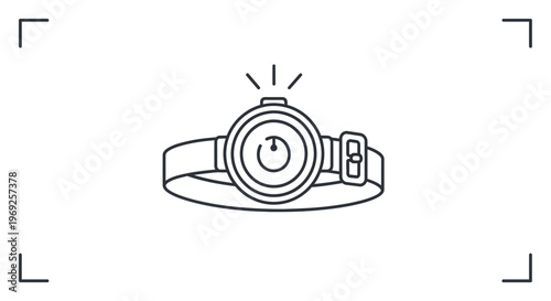 Essential outdoor illumination gear: minimalist line art icon of a modern headlamp for adventure