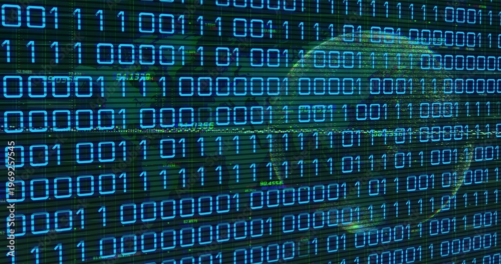 Obraz premium Glowing rows of cyan binary digits scrolling across digital display, with translucent green globe
