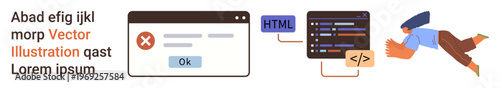 Web development, error handling, coding, user interface design, programming, troubleshooting. Error message and coding interface alongside a developer figure. Web development and coding