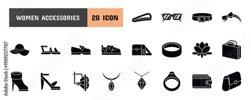 20 Women Accessories Glyph Icon Illustration Set