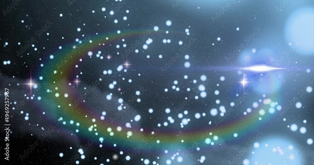 Fototapeta premium Sweeping multicolor flare arc and bright star cluster crossing deep-space, showing blue bokeh