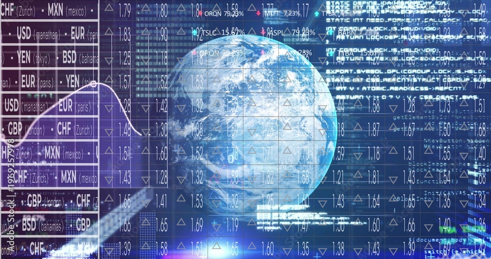 Fototapeta premium Displaying central Earth globe rotating over market UI, with fx rates, data grid, icons and code