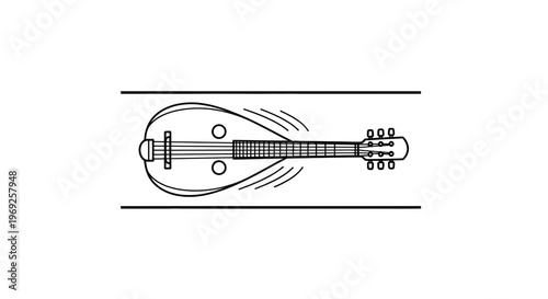 Minimalist black line art illustration of a classical mandolin with stylized sound wave elements
