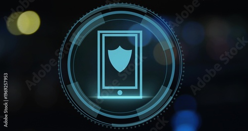 Foto Displaying teal-blue phone icon glowing in dark backdrop, showing shield, HUD ri