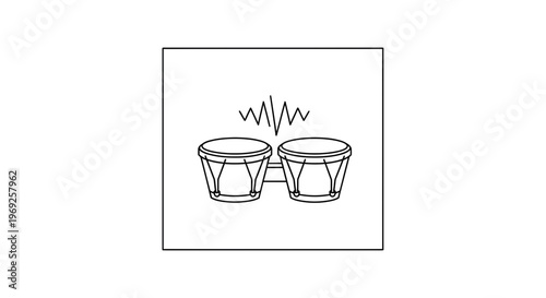 Minimalist outline drawing of bongo drums with abstract sound waves indicating rhythm and music