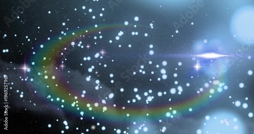 Sweeping multicolor flare arc and bright star cluster crossing deep-space, showing blue bokeh