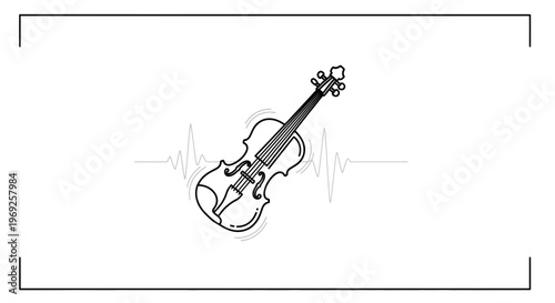Minimalist black and white violin outline pulsing with energetic sound waves, symbolizing musical