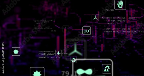 Pulsing centered pipeline node highlighting recycling triangle, CO2, droplet, code in dashboard