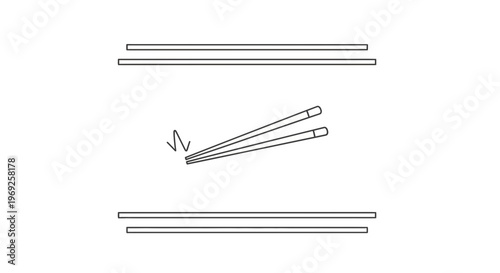Minimalist line art illustration depicting chopsticks engaging with culinary elements on a white