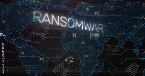 Showing blue global map on grid panel, displaying RANSOMWAR overlay, warning icons, markers, nodes