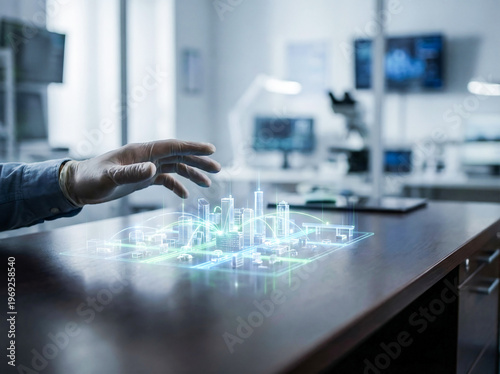 Person interacting with a futuristic holographic interface in a modern workspace, holographic, future technology and digital transformation concept