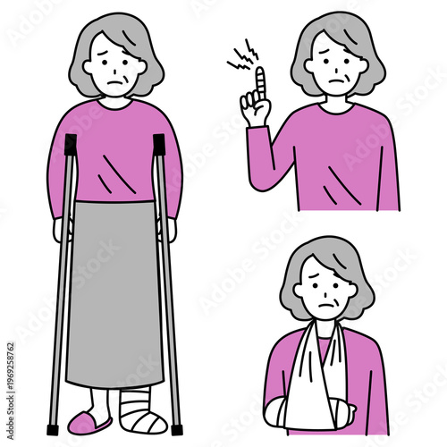 指・腕・足の怪我をしている年配の女性のセット