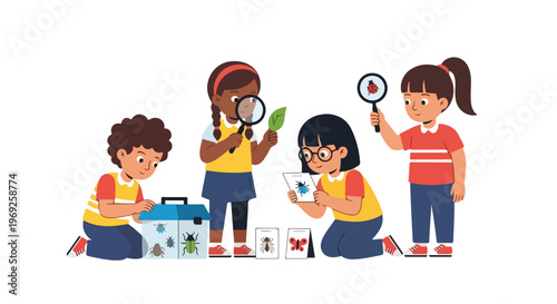 Four diverse children are curiously exploring the world of insects using magnifying glasses, specimen containers, and educational insect flashcards.