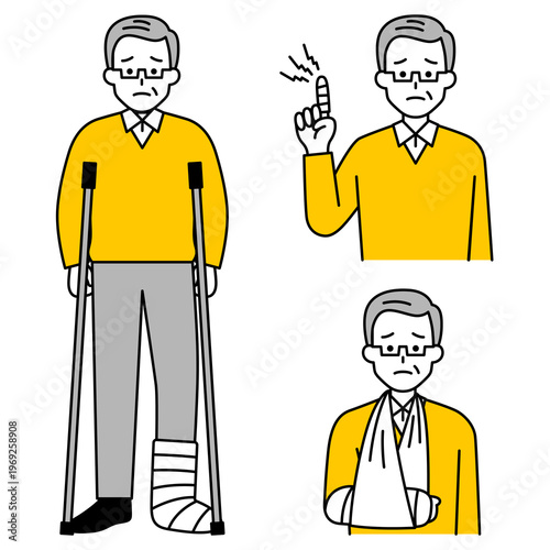 指・腕・足の怪我をしている年配の男性のセット