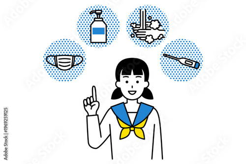 風邪予防の4つの方法（マスク・消毒・手洗い・検温）を案内する女子学生