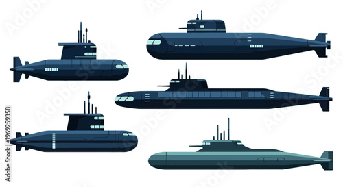 Set of Modern Military Submarine Vector Illustrations with Various Designs Isolated on White Background
