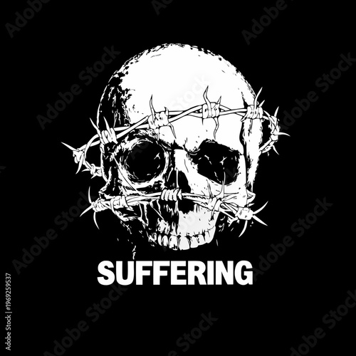 A stark white skull entwined with barbed wire with the word suffering