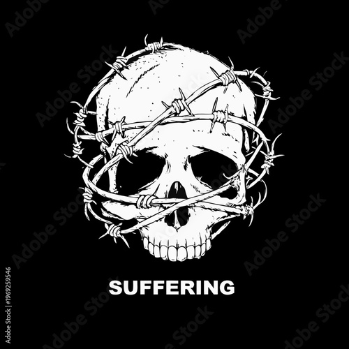 A stark white skull encircled by barbed wire against a black background