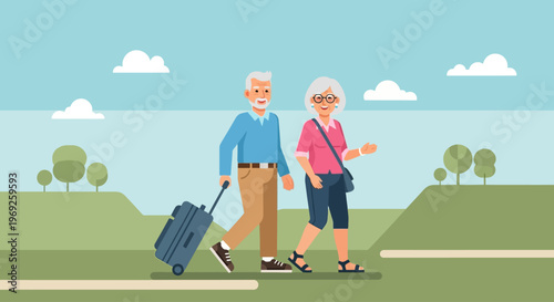 An active senior couple on a cheerful walking journey, symbolizing an independent and fulfilling retirement lifestyle, perfectly suited for celebrating Older Americans Month
