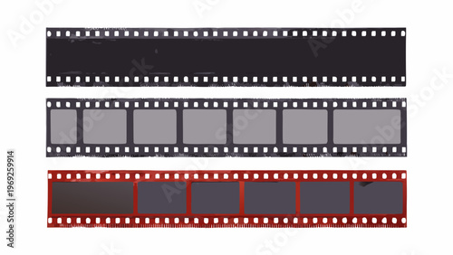 Three strips of photographic film with varying borders and frame counts