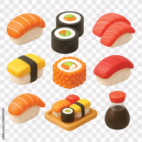 Sushi Vector Icon Set | 3D icon set | salmon nigiri, a pair of maki rolls, tuna nigiri, tamago nigiri, a salmon egg uramaki roll, a wooden plate with assorted sushi, and a soy sauce
