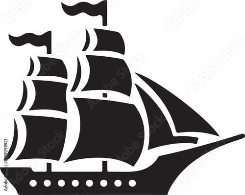 Classic black and white illustration of a sailing ship with multiple masts and flags Vector, illustration
