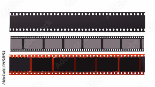 Three strips of vintage film negative with sprocket holes displayed