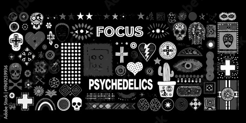 Black and white collage featuring skulls hearts and psychedelic designs