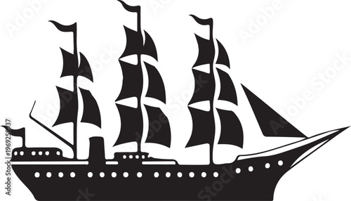Historical sailing ship with multiple masts and billowing sails Vector, illustration