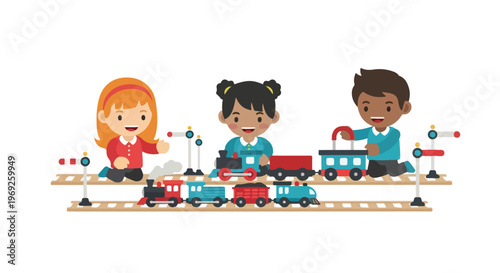 Three diverse children are shown happily playing together with colorful toy trains, tracks, and signals in this cheerful vector illustration.