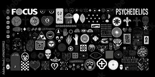 Black and white collage of psychedelic symbols and abstract shapes