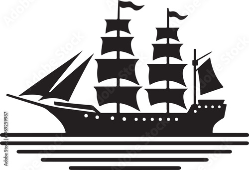Historical sailing ship with multiple masts and billowing sails on calm waters Vector, illustration