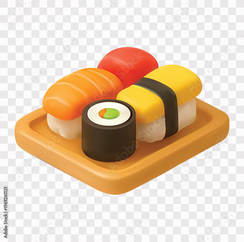 Sushi Vector Icon Set | 3D icon set | a wooden plate with assorted sushi
