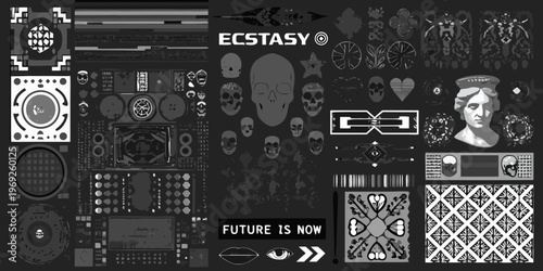 Collage of skulls symbols and portraits in a stark grayscale aesthetic