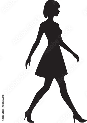 Elegant silhouette of a woman in a knee-length dress walking gracefully Vector, illustration