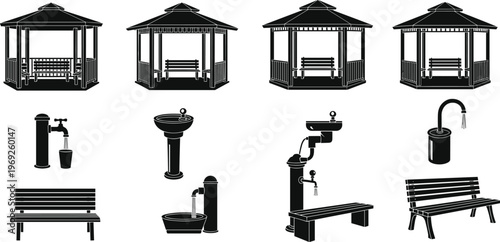 Black silhouette set of park gazebo pavilions outdoor drinking water fountains and wooden benches isolated on white background for public garden landscaping design projects