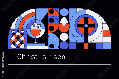 Abstract stained glass design with text proclaiming christ is risen
