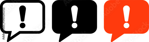 Three speech bubbles with exclamation marks in varying colors and styles