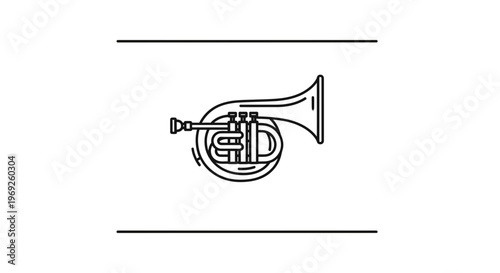 Elegant minimalist line art illustration of a French horn capturing the essence of classical music