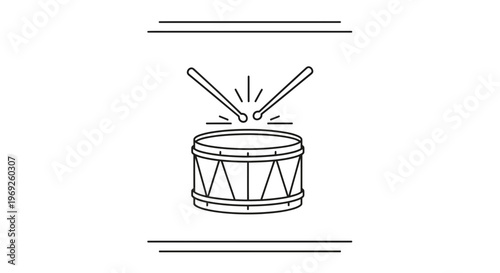 Minimalist line art illustration of a percussion drum with striking drumsticks creating rhythmic