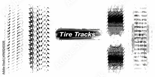Collection of various black tire track impressions on a white background