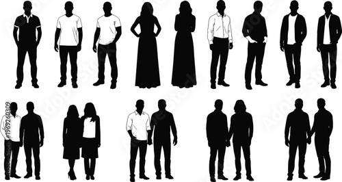 Collection of diverse people silhouettes and outlines featuring men and women in casual and smart business attire for architectural renderings, fashion, and lifestyle projects.
