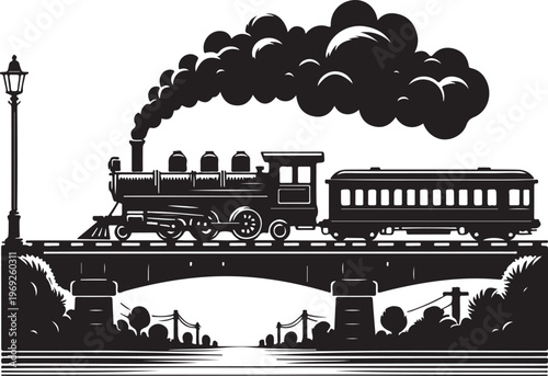 A vintage steam locomotive crossing an old arched bridge at dusk Vector, illustration