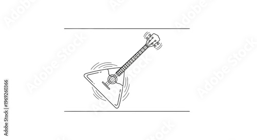 Minimalist line art illustration of a traditional balalaika vibrating with musical energy