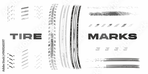 A collection of various tire track and mark illustrations in grayscale