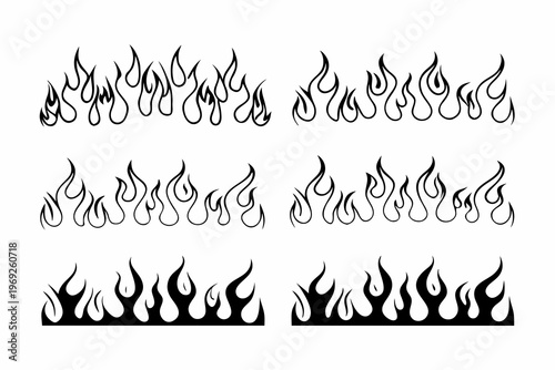 Collection of stylized black and white flame illustrations arranged in rows